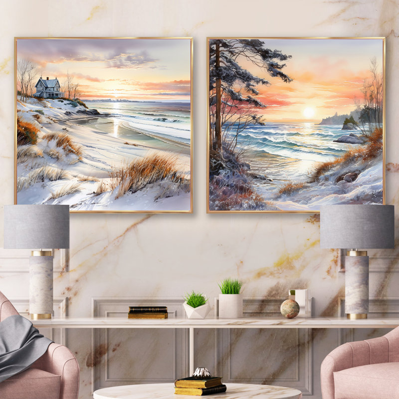Plage, charme de coucher de soleil en hiver - ensemble de 2 collages carrés, Cadre flottant doré, H 16 po x l 33 po