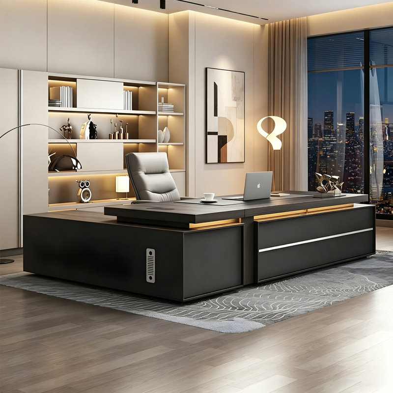 Bureau double caisson moderne gris foncé et noir avec tiroirs multiples, verrouillage par mot de passe et armoire de rangement latérale pour bureau de direction et chef de la direction