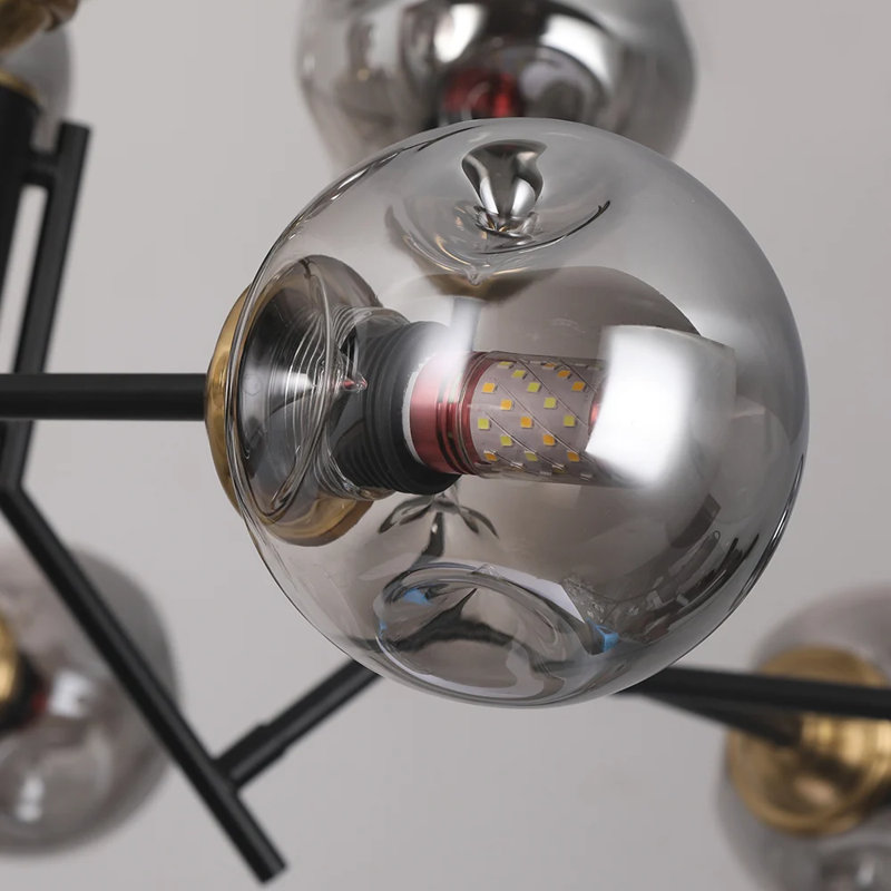 12 Light Black Chandelier Modern Pendant Light with Smoky Gray Globe Glass Shade, Multi-Directional Lighting, Iron and Glass Frame, Rod Suspension for Living Dining Kitchen, E26 Base, Hardwired