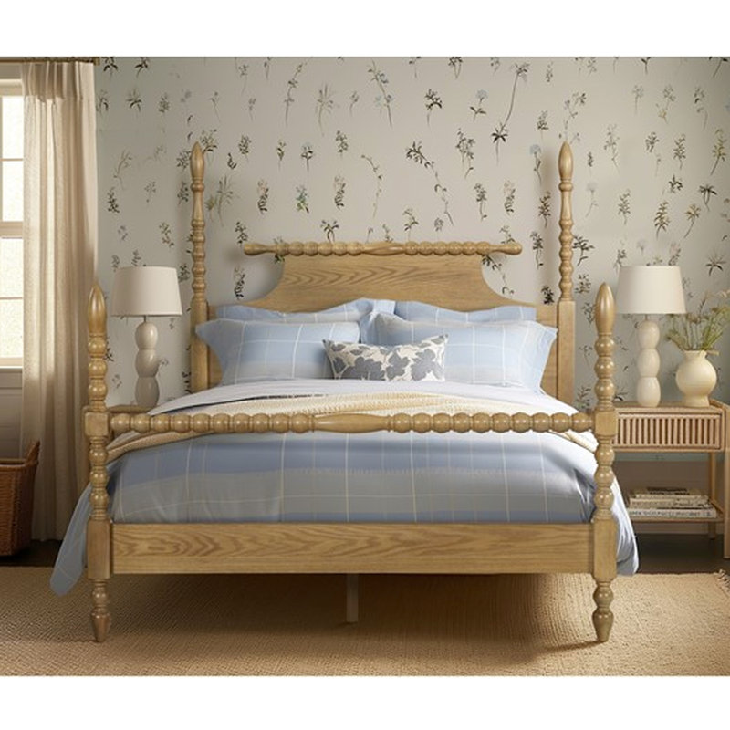 Queen Bed With Wood Finish And Turned Post Design Solid Construction Mattress Compatibility