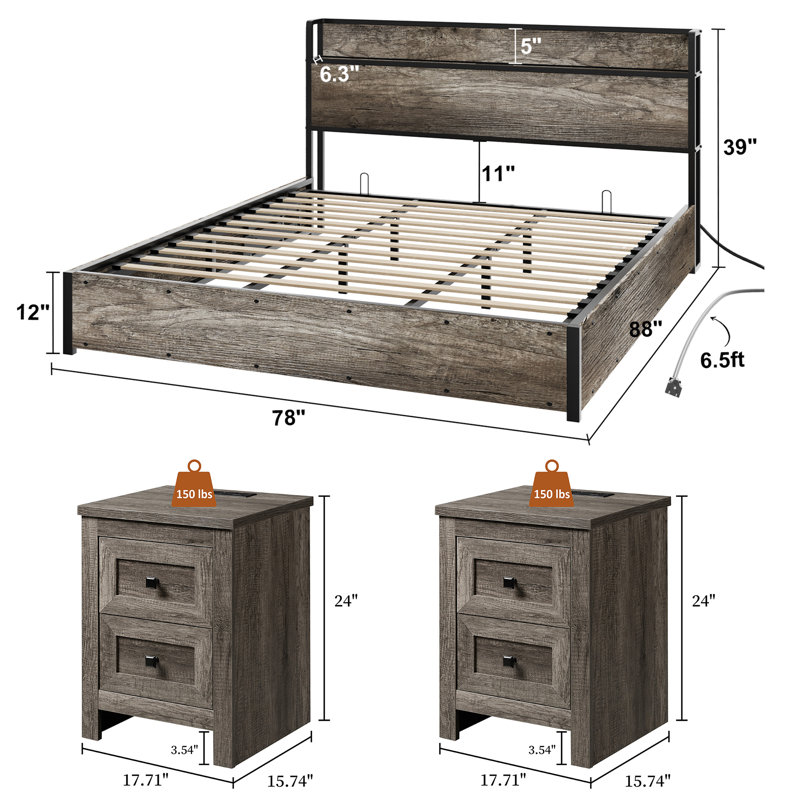 Tryston 3-pieces Rustic & Farmhouse King Bedroom Set, Gray, Gray, King