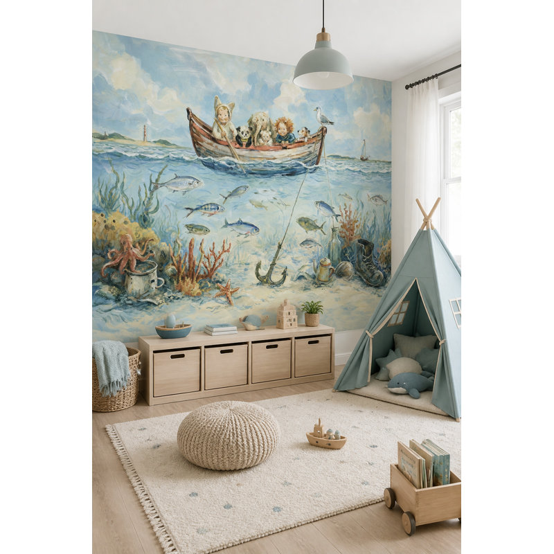 Fresque murale illustrée pour chambre d'enfant, thème océan et aventure, 140"x108", Peler et coller