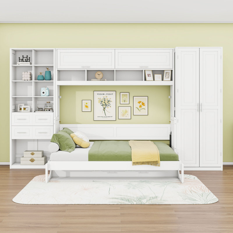 Lit escamotable avec rangement intégré et aménagement personnalisable, Double, Blanc