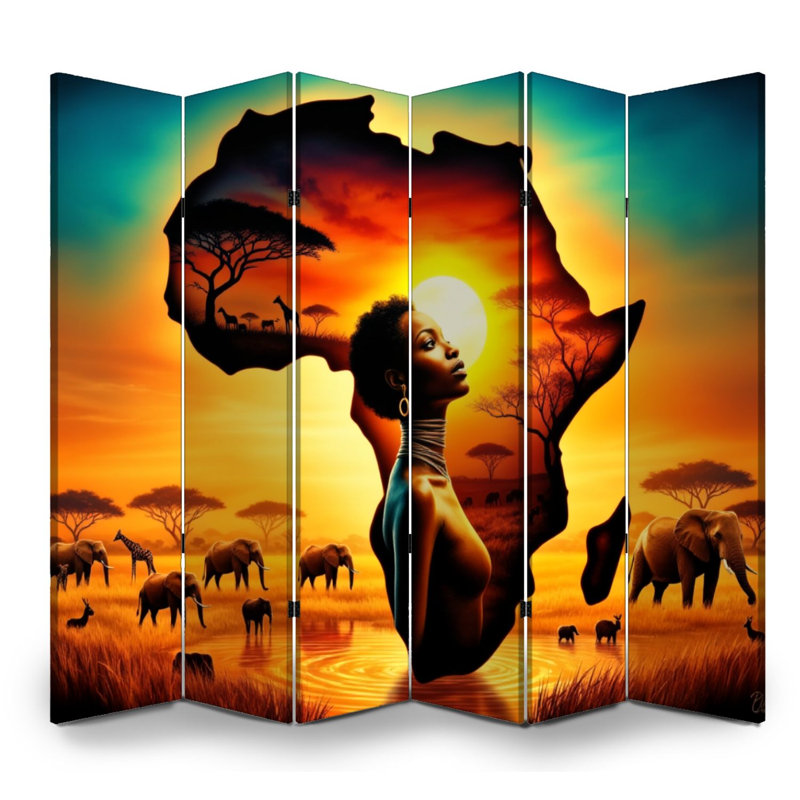 Paravent 6 panneaux paravent Royal African Silhouette Wildlife Sunset, 6, 71" H x 96" W x 1" D