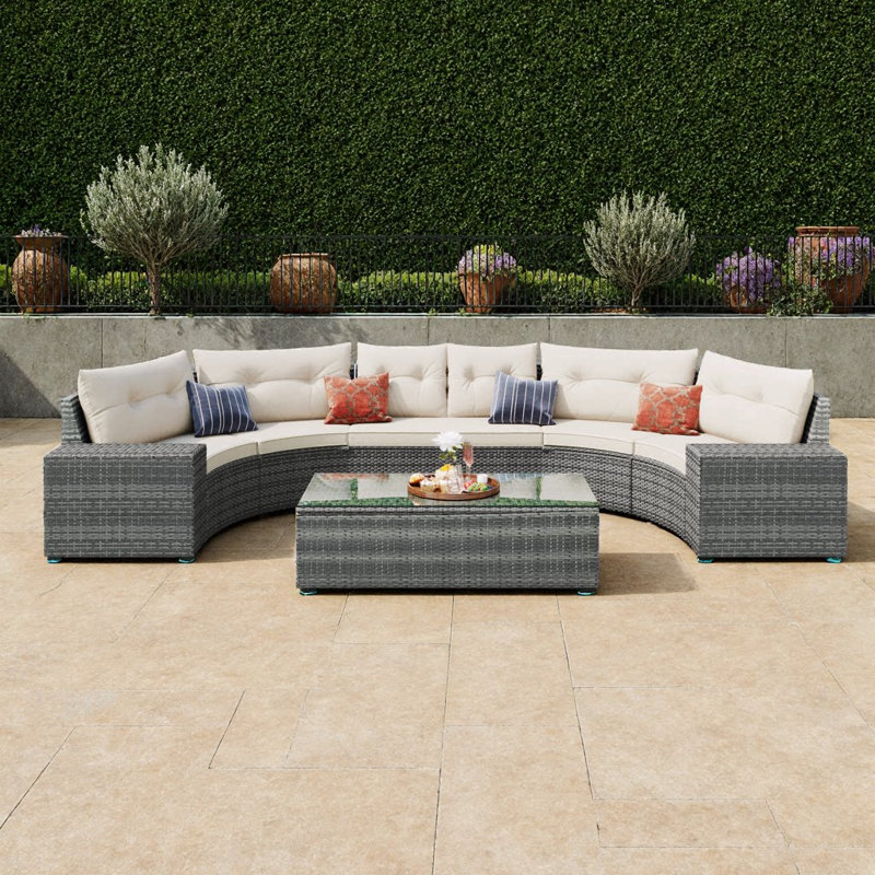Ensemble de canapé rond en osier 8 pièces pour l'extérieur - modulaire demi-lune, rotin PE toutes saisons, canapés courbés avec tables rectangulaires et d'appoint, coussins beiges amovibles - ensemble de conversation de patio pour le jardin, la terrasse ou la piscine