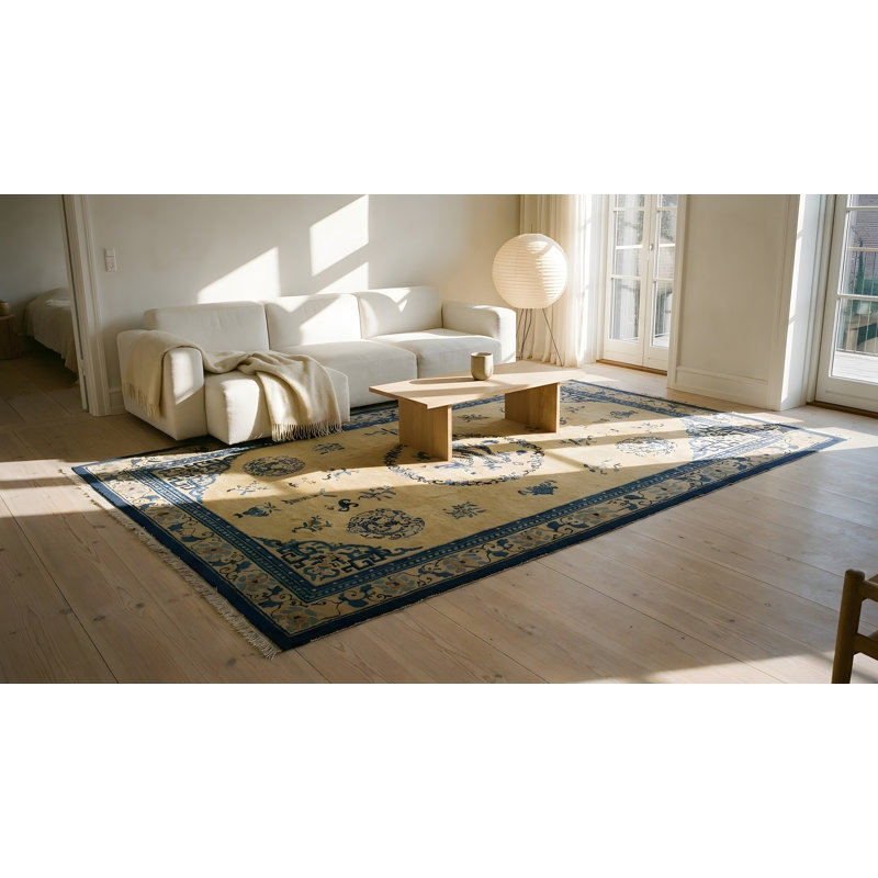 Antique Peking Chinese Medallion Blue Navy, Ivory 1900s Rug