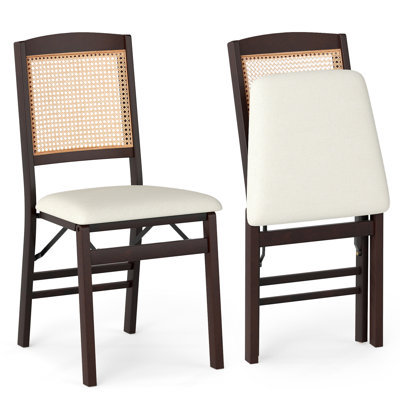 Ensemble de 2 chaises pliantes avec siège rembourré en lin et dossier en rotin pour café de cuisine