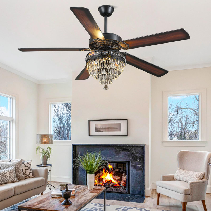 Ventilateur de plafond d'intérieur à 5 pales en cristal avec télécommande et lumière, 62 po de largeur, Noir