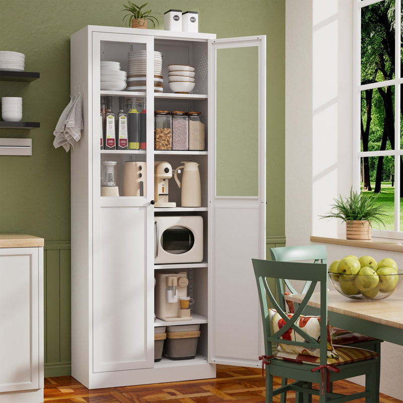 Cabinet Garde-manger en métal blanc de 72 pouces - avec portes, tablettes réglables et fabrication robuste, assemblage sans outil pour le salon et la salle de bain