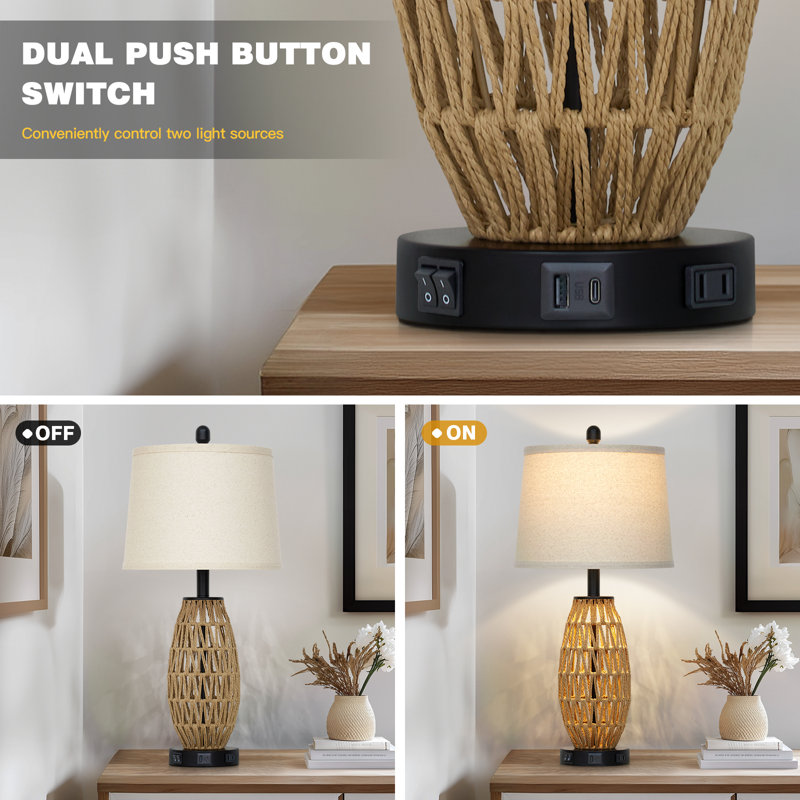 27" Rattan Table Lamps with Night Light & USB/Type-C Ports, LED Bulbs Included, Black/Brown