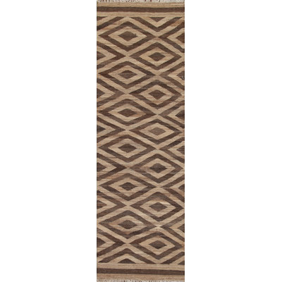 Reversible Wool Kilim Brown Runner Rug 3x10
