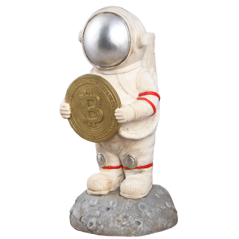 Statue astronaute debout sur la lune avec Crypto monnaie Bitcoin