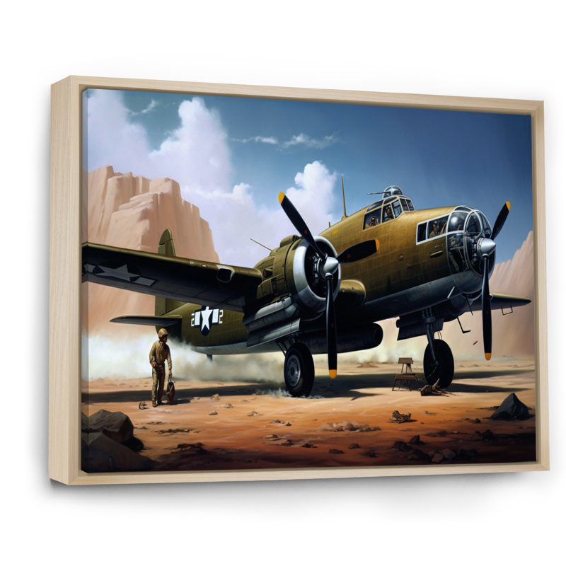 Avion rétro dans le désert II - reproduction sur toile, H 34 po x l 44 po x P 1,5 po, Cadre naturel flottant