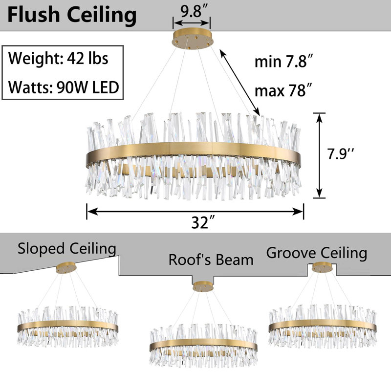 Lustre en cristal Glam, Doré, H 78 po x l 32 po x P 32 po