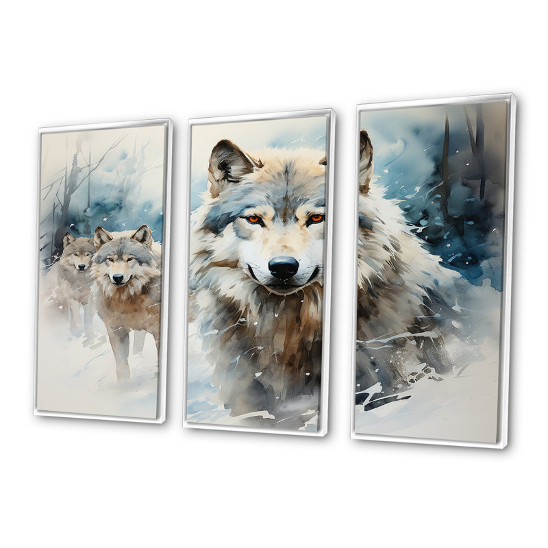 Neige loups en hiver I - loup, art mural, Cadre flottant blanc, H 28 po x l 36 po