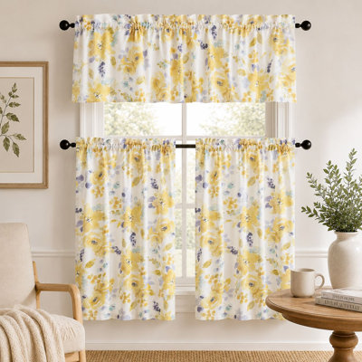  3 Piece Belissima Watercolor Floral Cafe Kitchen Curtain Tier & Valance Set - Yellow