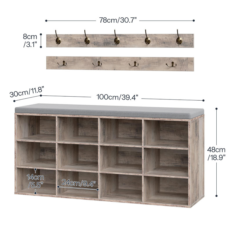 39.4" L Entryway Bench with 12 Cubbies, Entryway Hall Tree with Storage, Gray