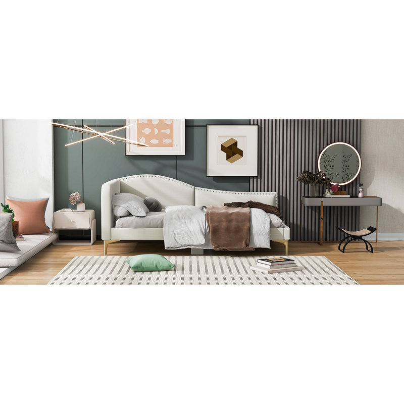 Lit de jour en lin beige avec tête de lit, accoudoirs et pieds robustes - Tête de lit classique et confortable, Lit simple