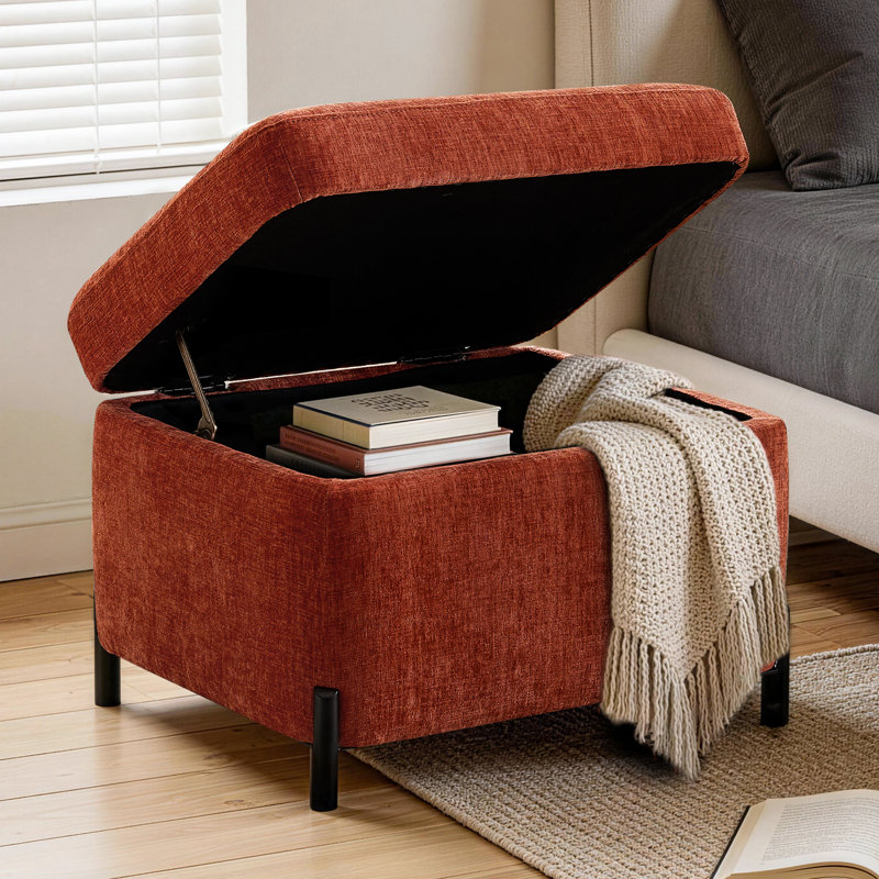 23.6" W Upholstered Chenille Flip Top Storage Ottoman, Orange