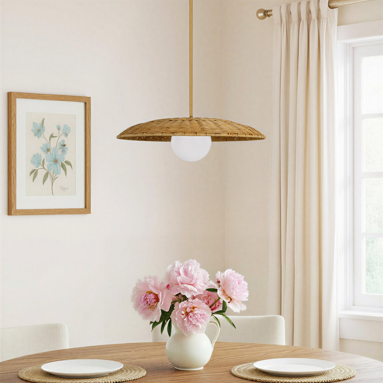 Single Light Rattan Steel Dimmable Pendant, 6.38" H x 21.63" W x 21.63" D