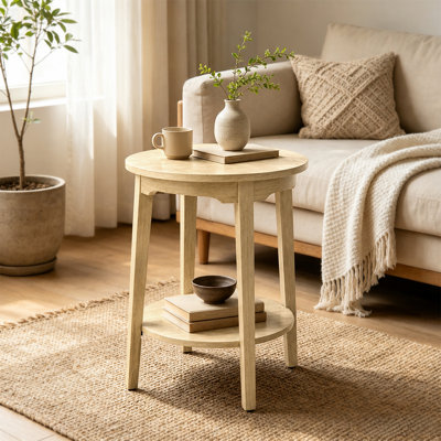 Table d'appoint ronde moderne de 48 cm (19 po) avec pieds en bois de peuplier, panneau en bois clair uni, aucun assemblage requis, idéale pour le salon, un appartement ou une chambre d'étudiant.