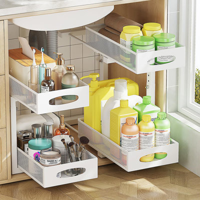 Pull Out Under Sink Organizer, 2-Tier 5-Level Height Adjustable Sliding Cabinet Shelf, 2 Pack, (White)