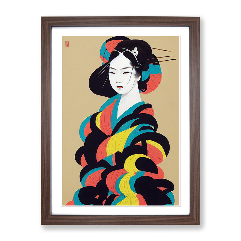Colourful Geisha No.3 - Single Picture Frame Painting, 34cm H x 25cm W x 2cm D, Walnut
