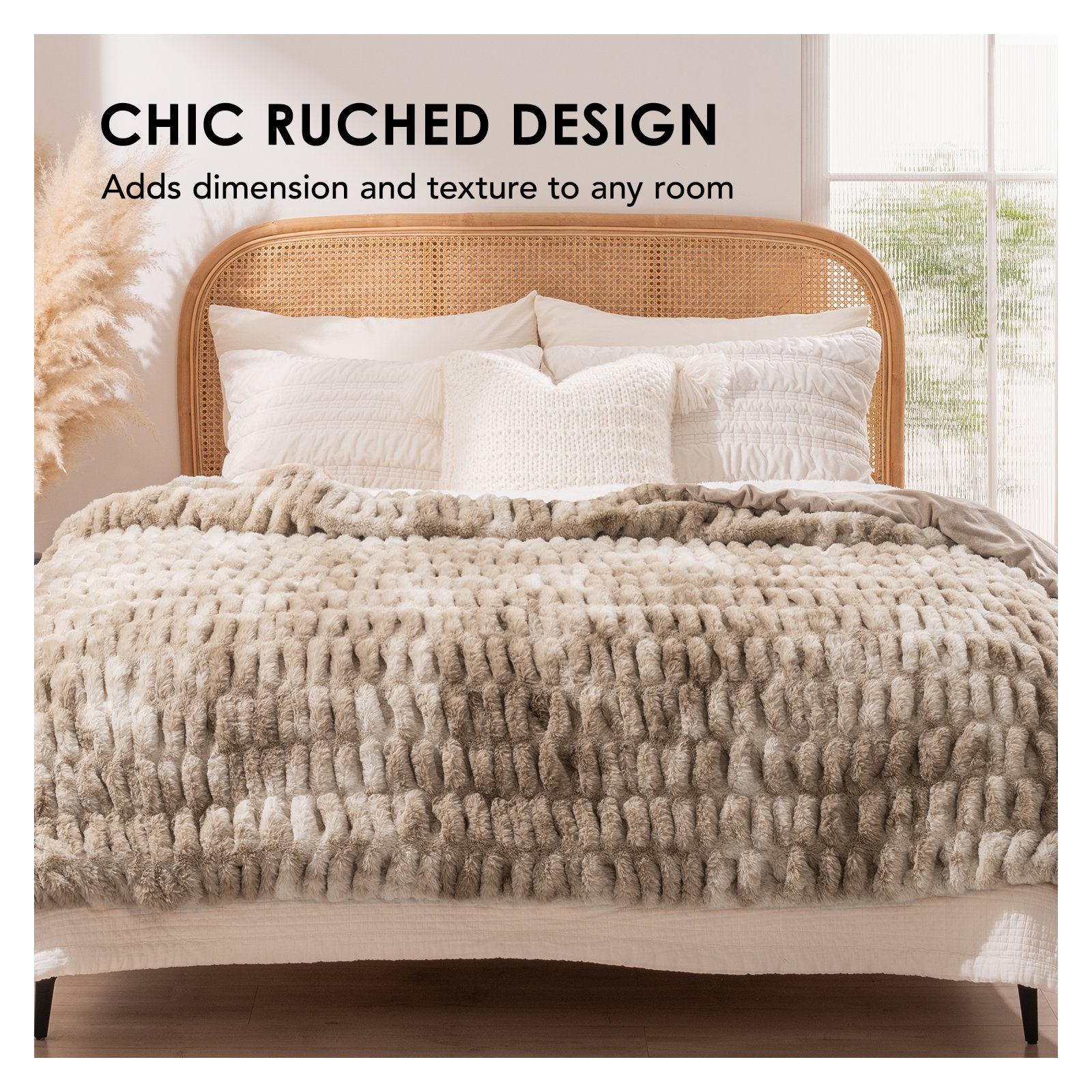 Ruched Bubble Faux Fur Throw Blanket, 60" W x 80" L, Beige
