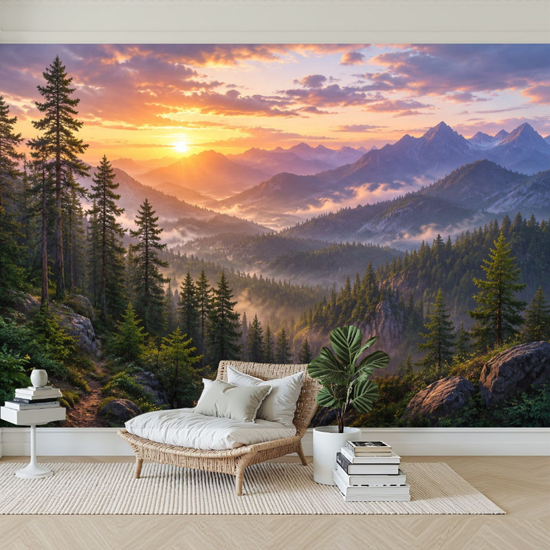 Papier peint adhésif auto-adhésif Sunrise Misty Pine Forest Mountain, L 100,08 po x l 144 po