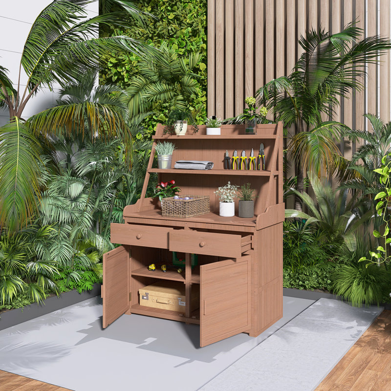Banc de jardin en pot de 65 po de hauteur, avec tablette de rangement, tiroir et armoire, 2 dispositifs anti-chute, facile à installer