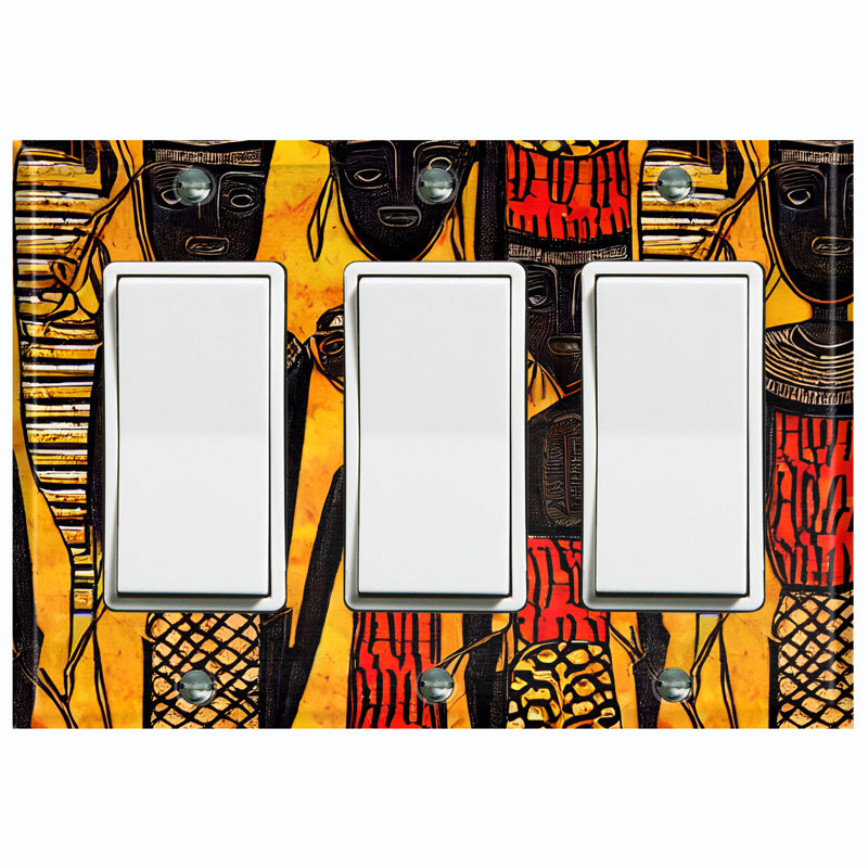 Metal Light Switch Plate Outlet Cover (Native African Culture Orange - Triple Rocker)