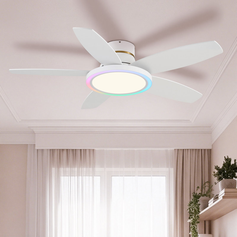 42" 5 - Blade Flush Mount Low Profile Small Room Ceiling Fan with Adjustable RGB Light and Remote, Natural Wood/White
