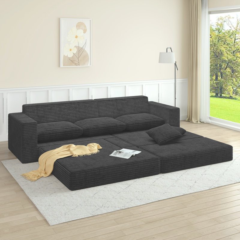 Boneless Comfy Compressed Sofa Couch Space-Efficient Design, Green Terrycloth, Right Hand Facing