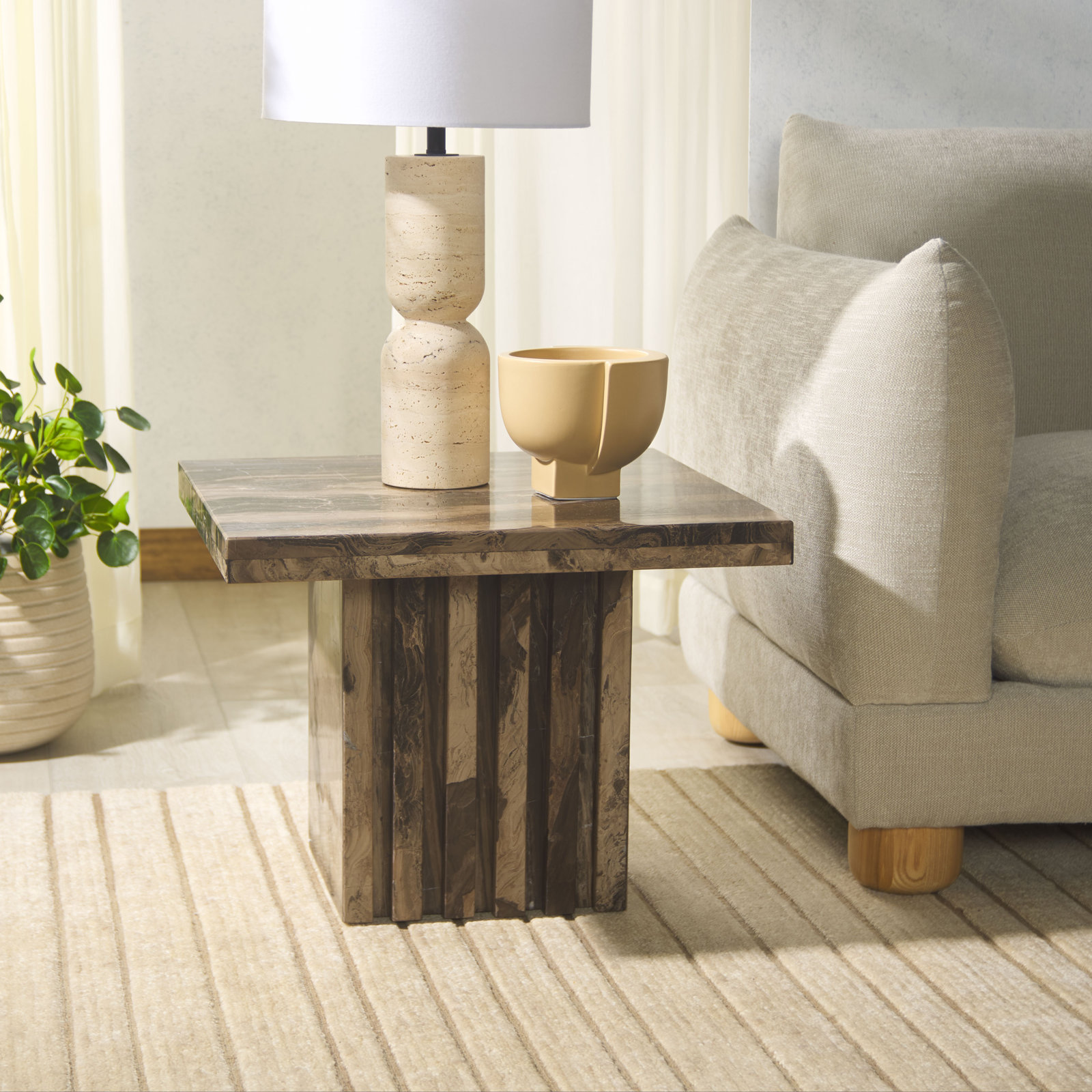 Pristina 21" Genuine Marble End Table, Brown, 16" H x 21" W x 21" D