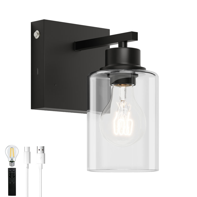Applique murale à pile en fer rechargeable à piles avec télécommande et ampoule incluse, Noir mat