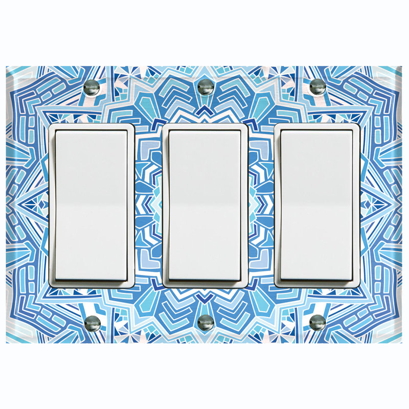 Metal Light Switch Plate Outlet Cover (Blue Elegant Mandala Flowers Tile   - Triple Rocker), Light Blue