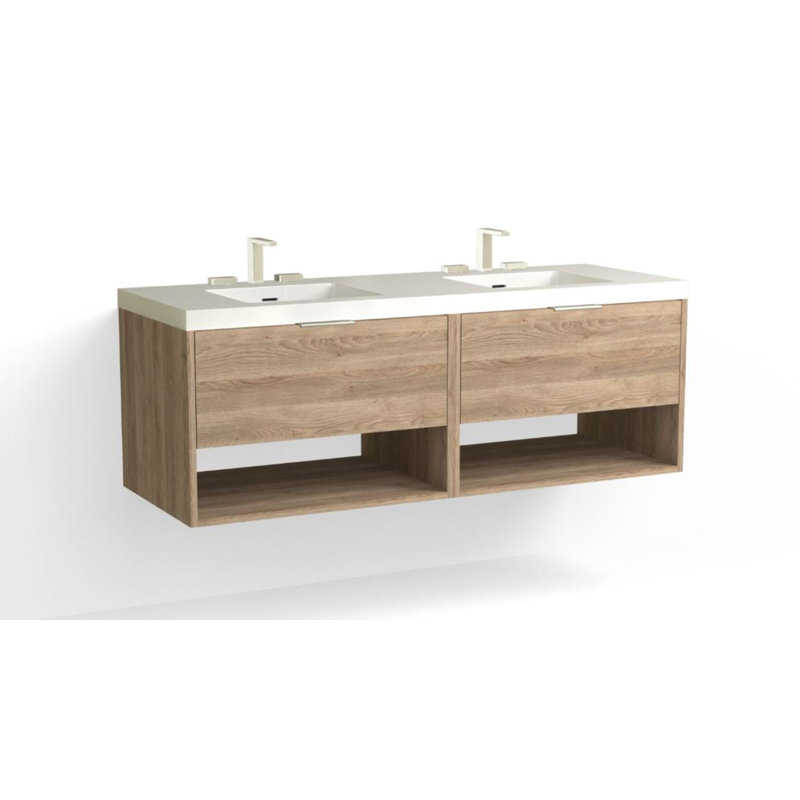 Modo 60" W Wall Mounted Double Bathroom Vanity, Glossy White/8" Widespread, White Acrylic, Polished Nickel