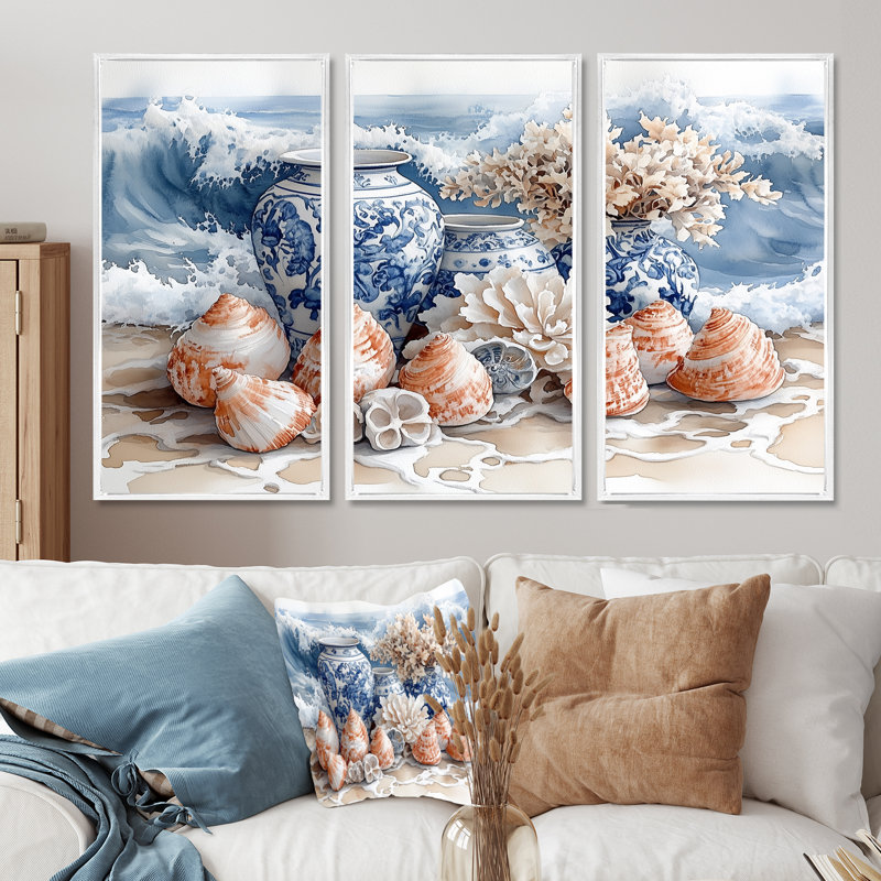 «Floral Beach Pottery» en bleu et blanc I - ensemble d'art mural de poterie de plage, Toile encadrée flottée blanche