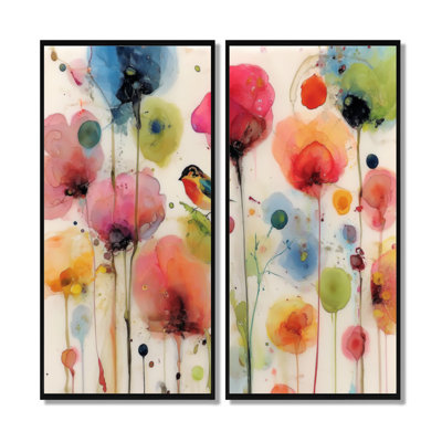 «Watercolor Poppy Gardens - Poppy Wall Art», impression sur toile à motif floral rouge 2 pièces
