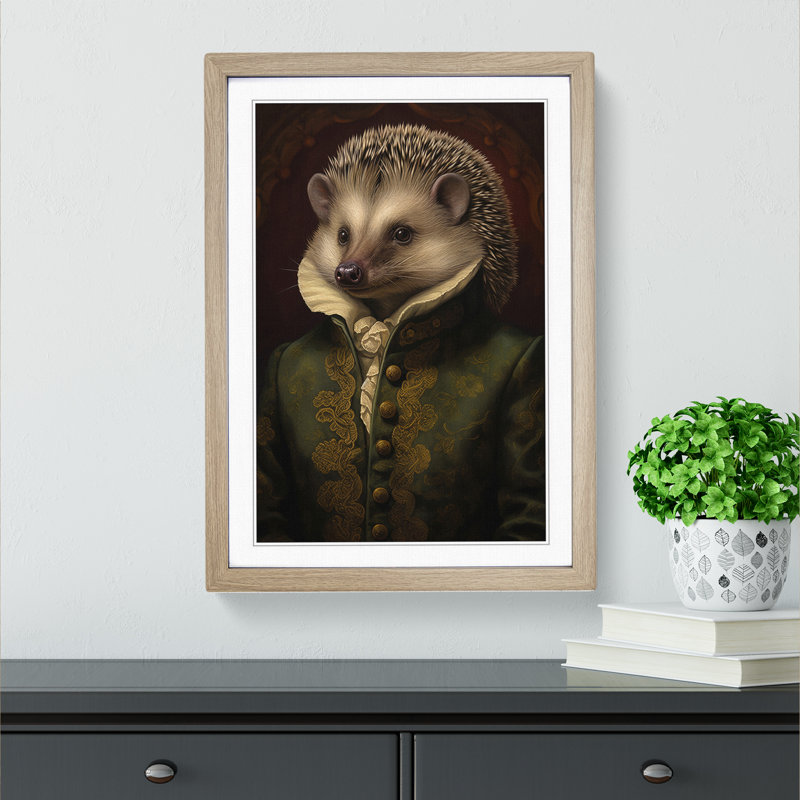 Hedgehog Baroque - Single Picture Frame Print on Wood, Oak, 34cm H x 25cm W x 2cm D