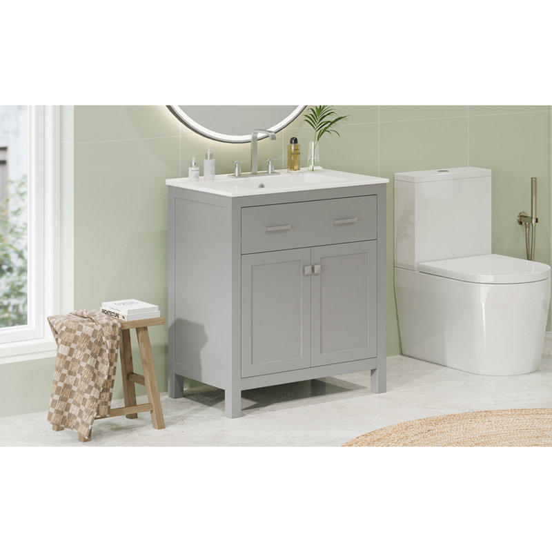 30" Bathroom Vanity. Gray Ceramic Sink Cabinet. 2 Doors & Storage. Soft Close Doors. Ensures Long-Term Use Vanity With Sink. Shelf. Close. Suits Modern Designs