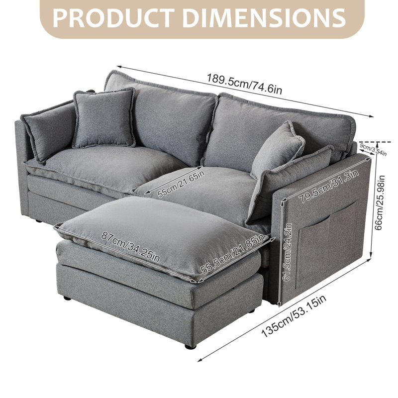 Canapé modulaire moderne 74,6 "pour salon, Gris