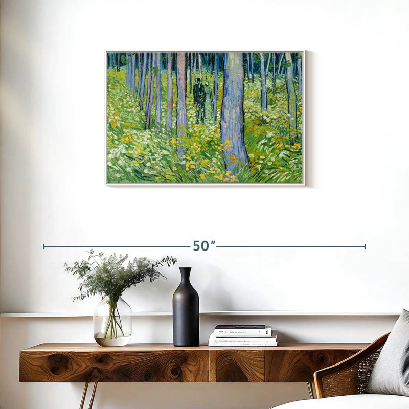 Sous-bois avec deux personnages, Cadre flottant blanc, 31 po x 21 po