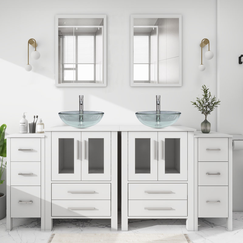 Aidey 72’’ Double Bathroom Vanity Set with Vessel Sink, Manufactured Wood Top, Faucet, Drain, White, White