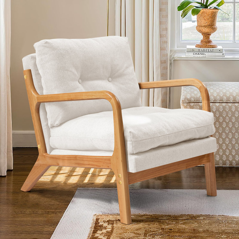 Fauteuil d'appoint avec coussin confortable comme un nuage et accoudoirs en bois, 100 % lin ivoire