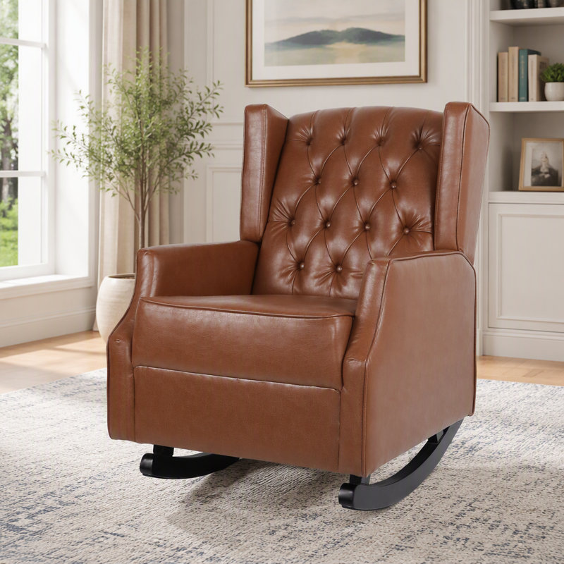 Chaise berçante, fauteuil à bascule avec dossier à oreilles, fauteuil avec cadre en bois massif et accoudoirs