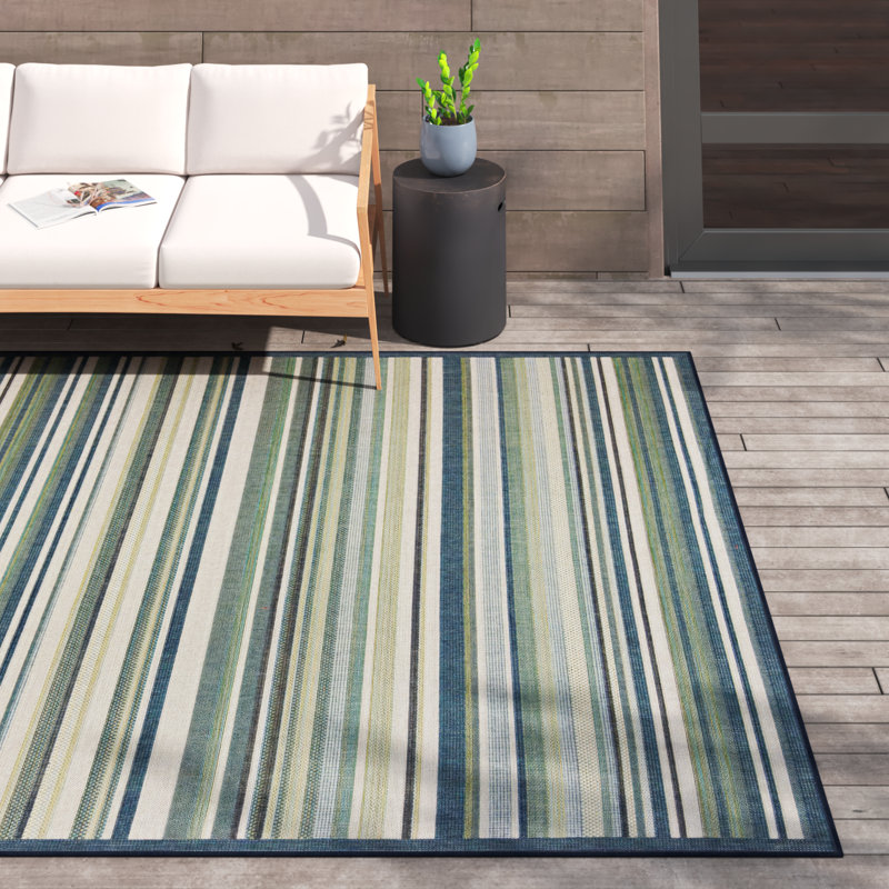 Tapis rayé vert / bleu intérieur / extérieur Tavon, Rectangle 7 pi 10 po x 10 pi