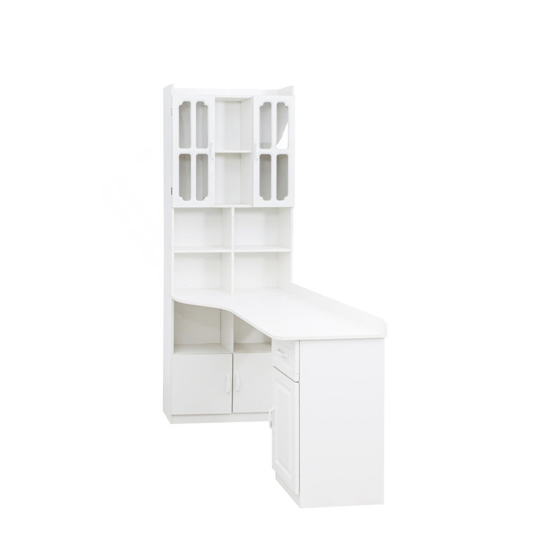 Bureau d'ordinateur d'angle en L pour bureau à domicile ou bureau d'étude, table d'étude de style moderne avec tiroirs, bibliothèque et huche, conception en L 2 en 1, grand espace de travail, blanc