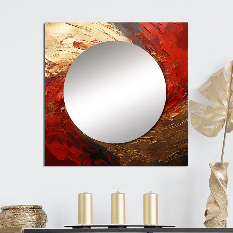 Grand miroir carré en spirale abstraite à spirale fusion or rouge Parkchester, 23 po x 23 po