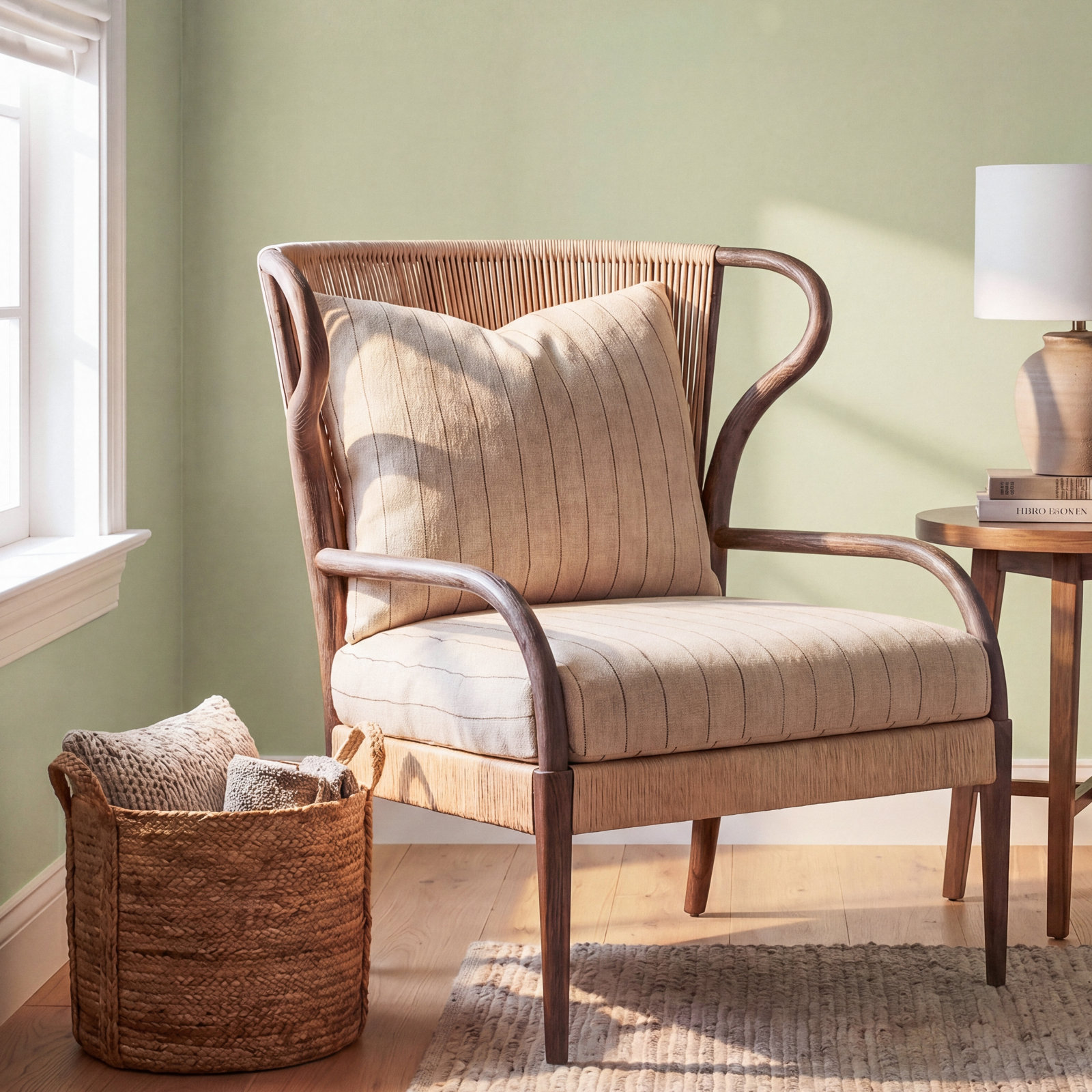 Amira Linen Upholstered Wingback Chair, Cream Striped
